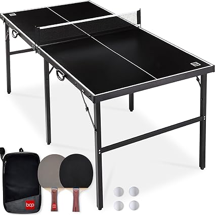 Products 6x3ft Portable Ping Pong Table, Mid-Size Folding Indoor Outdoor Table Tennis w/ 2 Paddles, 4 Balls Included, Carrying Bag