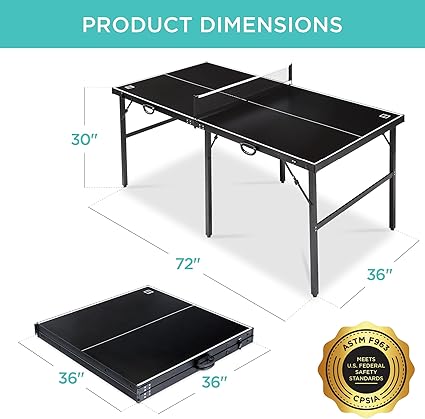 Products 6x3ft Portable Ping Pong Table, Mid-Size Folding Indoor Outdoor Table Tennis w/ 2 Paddles, 4 Balls Included, Carrying Bag