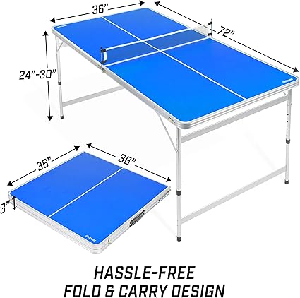 6 x 3 ft Mid-Size Table Tennis Table Set with Adjustable Height - Green or Blue