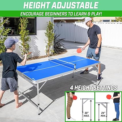 6 x 3 ft Mid-Size Table Tennis Table Set with Adjustable Height - Green or Blue